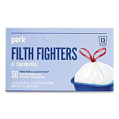 Perk Drawstring Tall Kitchen Trash Bags, 13 gal, 28" x 24", White, 50/Box (PRK24377875)