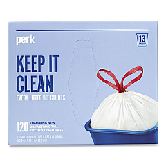 Perk Drawstring Tall Kitchen Trash Bags, 13 gal, 28" x 24", White, 120/Box (PRK24377876)