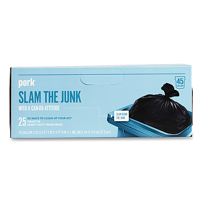Perk Twist-Tie Heavy-Duty Trash Bags, Open-Face, 45 gal, 1.1 mil, 45" x 38", Black, 25/Box (PRK24377877)