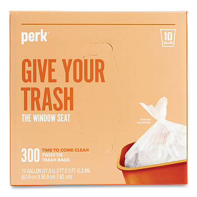 Perk Twist-Tie Light-Duty Can Liners, 10 gal, 0.36 mil, 24" x 24", Clear, Flat Pack, 300/Box (PRK24377878)