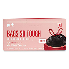 Perk Drawstring Heavy-Duty Trash Bags, 33 gal, 1.1 mil, 37" x 33", Black, 30/Box (PRK24377879)