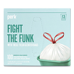 Perk Scented Drawstring Tall Kitchen Trash Bags, 13 gal, Fresh Scent, 28" x 24", White, 100/Box (PRK24377880)
