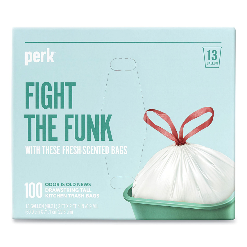 Perk Scented Drawstring Tall Kitchen Trash Bags, 13 gal, Fresh Scent, 28" x 24", White, 100/Box (PRK24377880)