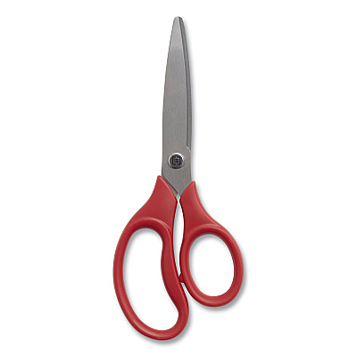 TRU RED Ambidextrous Stainless Steel Scissors, 7" Long, 3.15" Cut Length, Straight Ergonomic Red Handle (TUD24380516)