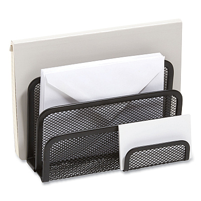 TRU RED Wire Mesh Mail Sorter with Business Card Holder, 4 Sections, #6 1/4 to #16 Envelopes, 5.59 x 3.93 x 7.55, Matte Black (TUD24402451)