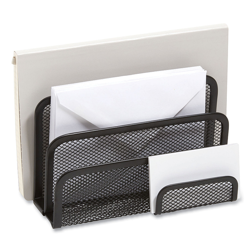 TRU RED Wire Mesh Mail Sorter with Business Card Holder, 4 Sections, #6 1/4 to #16 Envelopes, 5.59 x 3.93 x 7.55, Matte Black (TUD24402451)
