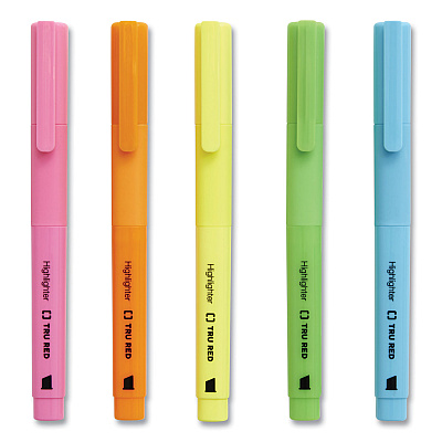 TRU RED Pen Style Chisel Tip Highlighter, Assorted Ink Colors, Chisel Tip, Assorted Barrel Colors, 5/Pack (TUD24376661)