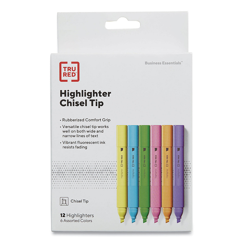 TRU RED Tank Style Chisel Tip Highlighter, Assorted Ink Colors, Chisel Tip, Assorted Barrel Colors, 12/Pack (TUD24376663)