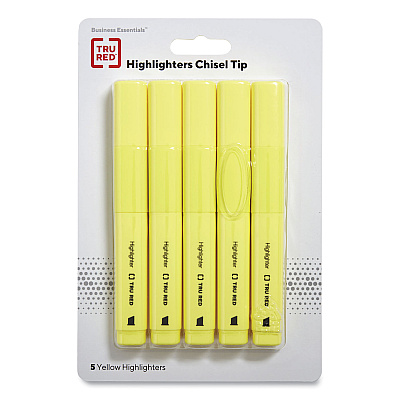 TRU RED Tank Style Chisel Tip Highlighter, Yellow Ink, Chisel Tip, Yellow Barrel, 5/Pack (TUD24376623)