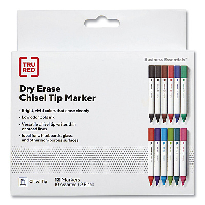 TRU RED Dry Erase Marker, Tank-Style, Medium Chisel Tip, Assorted Colors, 12/Pack (TUD24376599)