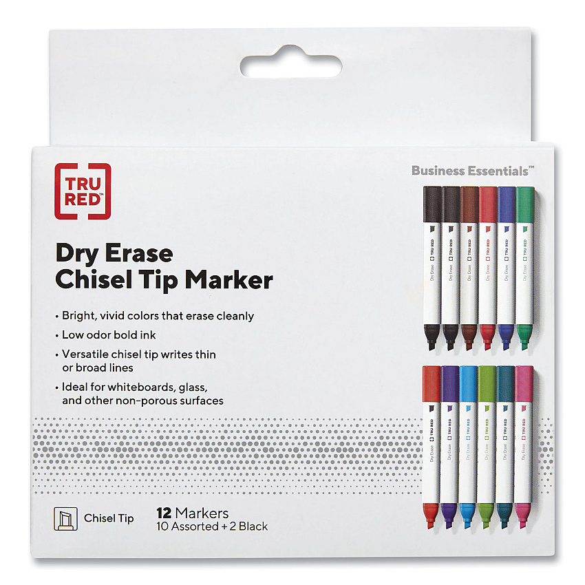 TRU RED Dry Erase Marker, Tank-Style, Medium Chisel Tip, Assorted Colors, 12/Pack (TUD24376599)