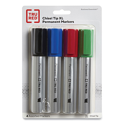 TRU RED XL Permanent Marker, Extra-Broad Chisel Tip, Assorted Colors, 4/Pack (TUD24398949)