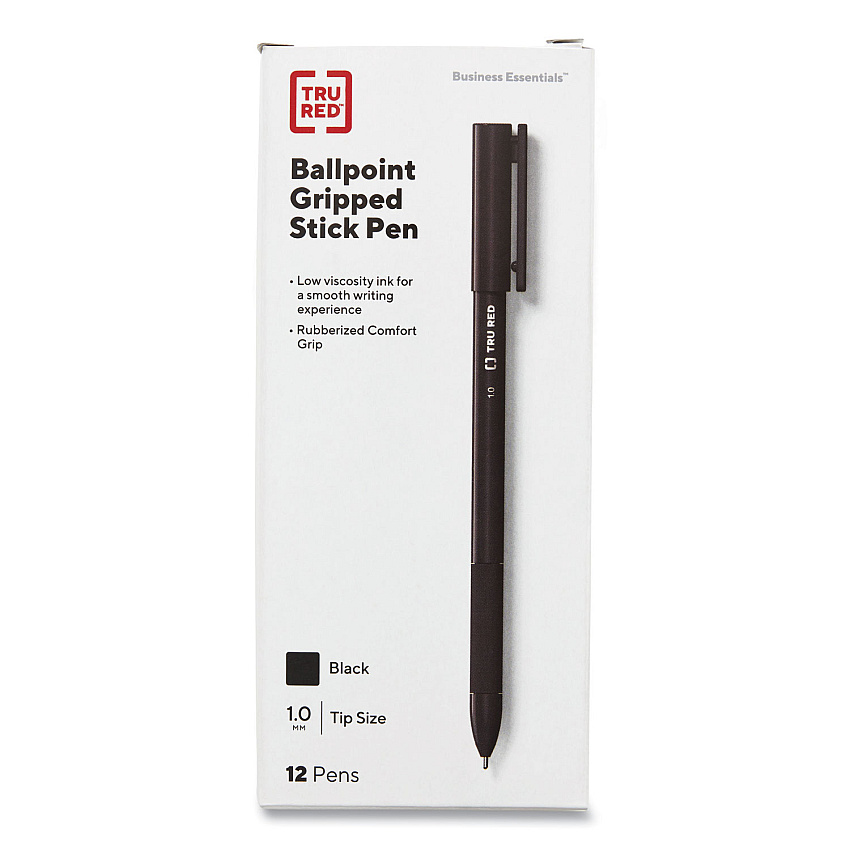 TRU RED Gripped Ballpoint Pen, Stick, Medium 1 mm, Black Ink, Black Barrel, Dozen (TUD24328148)