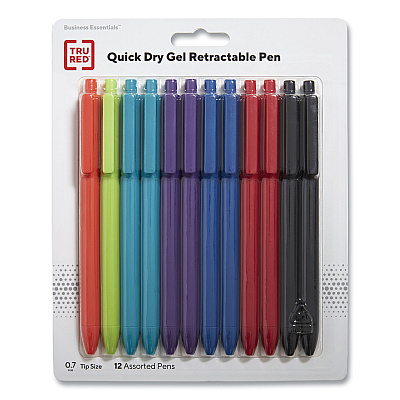 TRU RED Quick Dry Gel Pen, Retractable, Medium 0.7 mm, Assorted Ink and Barrel Colors, 12/Pack (TUD24377019)