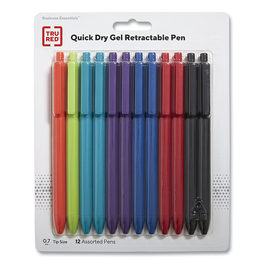 TRU RED Quick Dry Gel Pen, Retractable, Medium 0.7 mm, Assorted Ink and Barrel Colors, 12/Pack (TUD24377019)