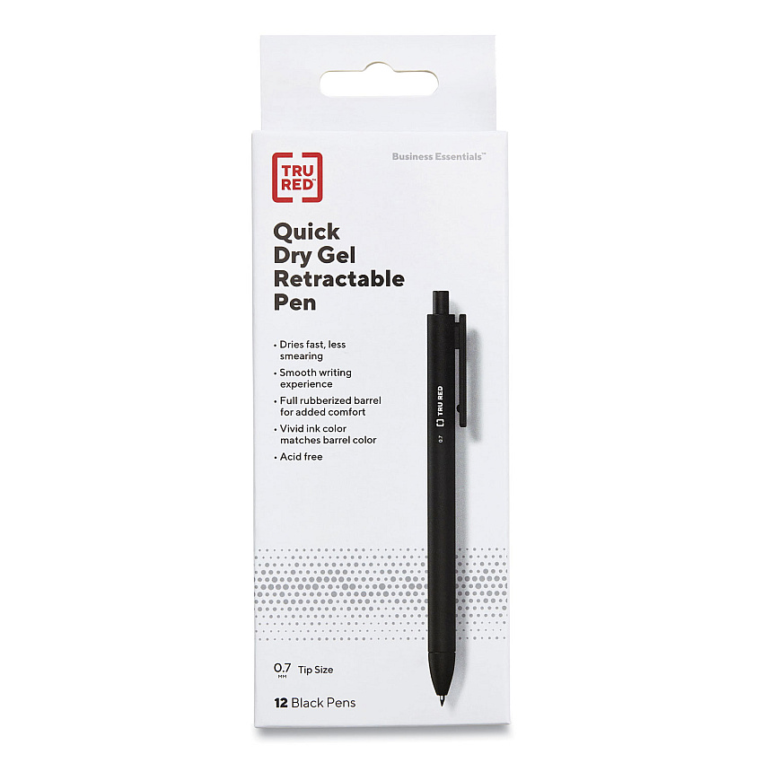 TRU RED Quick Dry Gel Pen, Retractable, Medium 0.7 mm, Black Ink, Black Barrel, Dozen (TUD24377026)