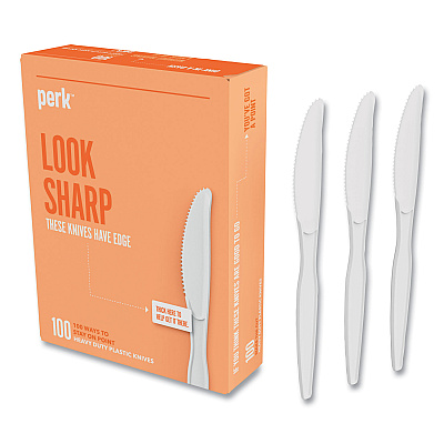 Perk Heavyweight Plastic Cutlery, Knives, White, 100/Pack (PRK24390996)