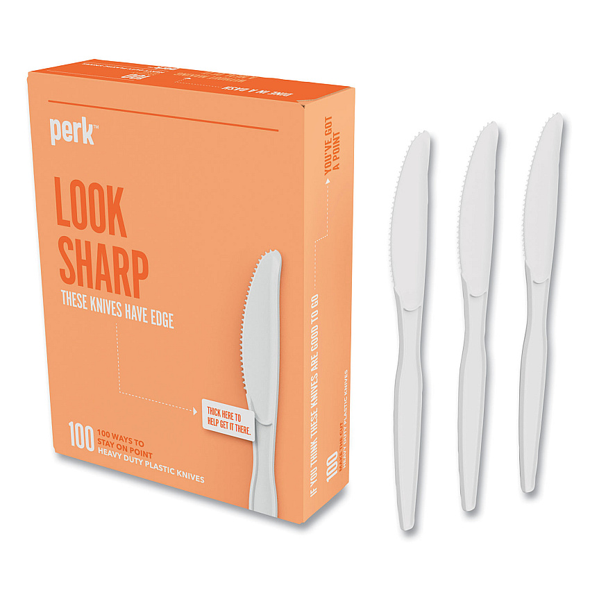 Perk Heavyweight Plastic Cutlery, Knives, White, 100/Pack (PRK24390996)