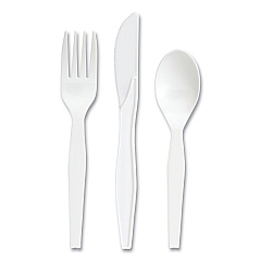 Perk Mediumweight Plastic Cutlery, Fork/Knife/Teaspoon, White, 100 Sets/Pack (PRK24390994)