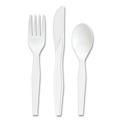 Perk Mediumweight Plastic Cutlery, Fork/Knife/Teaspoon, White, 100 Sets/Pack (PRK24390994)
