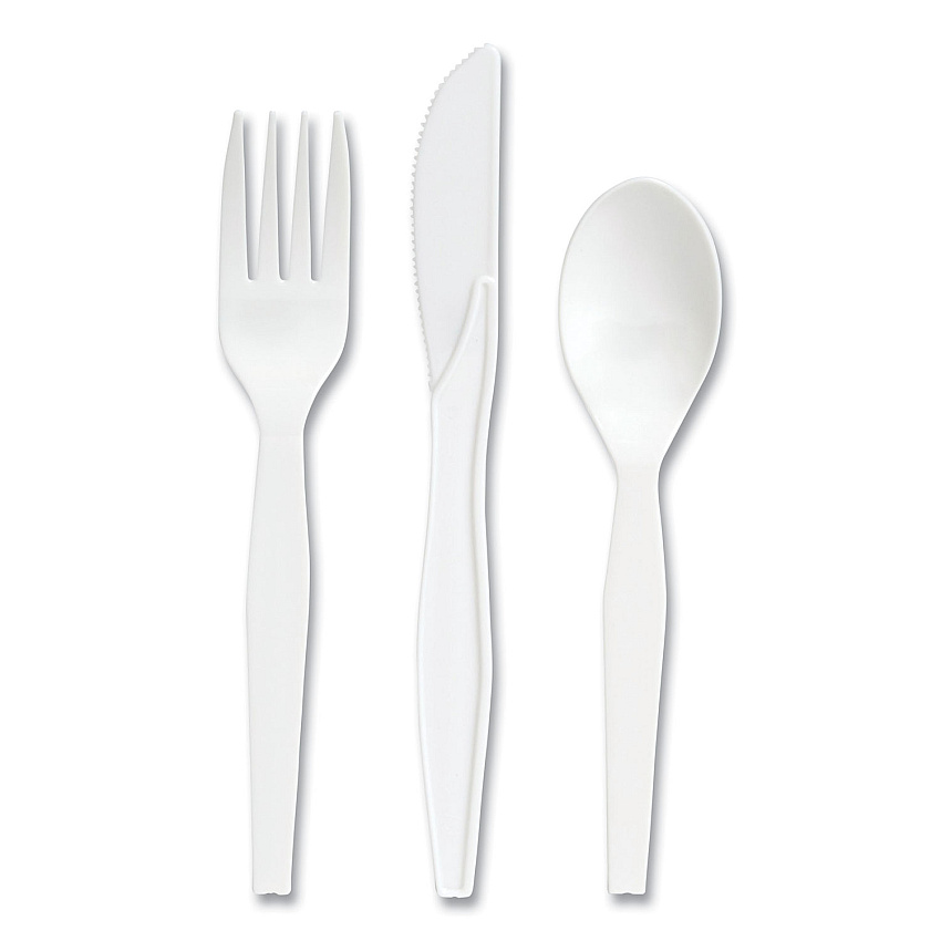 Perk Mediumweight Plastic Cutlery, Fork/Knife/Teaspoon, White, 100 Sets/Pack (PRK24390994)