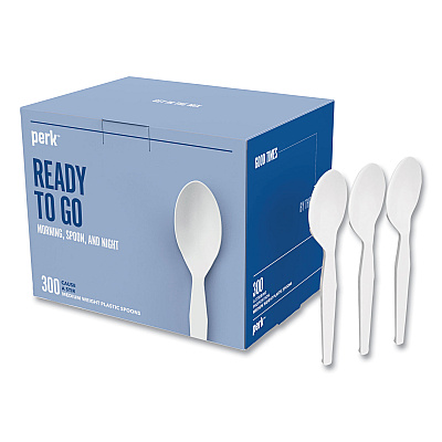 Perk Mediumweight Plastic Cutlery, Teaspoon, White, 300/Pack (PRK24391001)