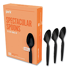 Perk Heavyweight Plastic Cutlery, Teaspoon, Black, 100/Pack (PRK24390993)