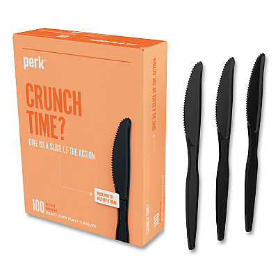 Perk Heavyweight Plastic Cutlery, Knives, Black, 100/Pack (PRK24390997)