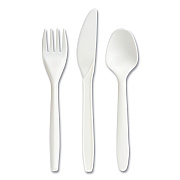 Perk Eco-ID Mediumweight Compostable Cutlery, Fork/Knife/Teaspoon, White, 120 Sets/Pack (PRK24394124)