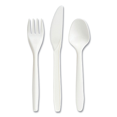 Perk Eco-ID Mediumweight Compostable Cutlery, Fork/Knife/Teaspoon, White, 120 Sets/Pack (PRK24394124)