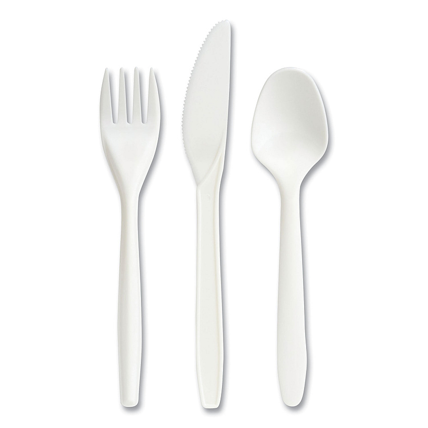 Perk Eco-ID Mediumweight Compostable Cutlery, Fork/Knife/Teaspoon, White, 120 Sets/Pack (PRK24394124)