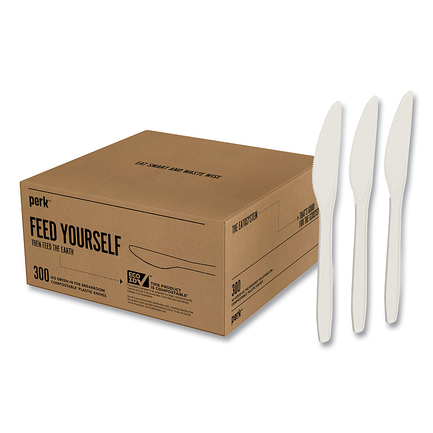 Perk Mediumweight Plastic Cutlery, Knife, White, 300/Pack (PRK24390991)