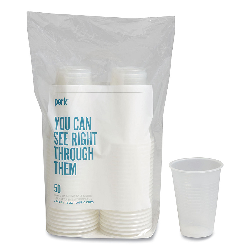 Perk Plastic Cold Cups, 12 oz, Clear, 50/Pack (PRK24393964)