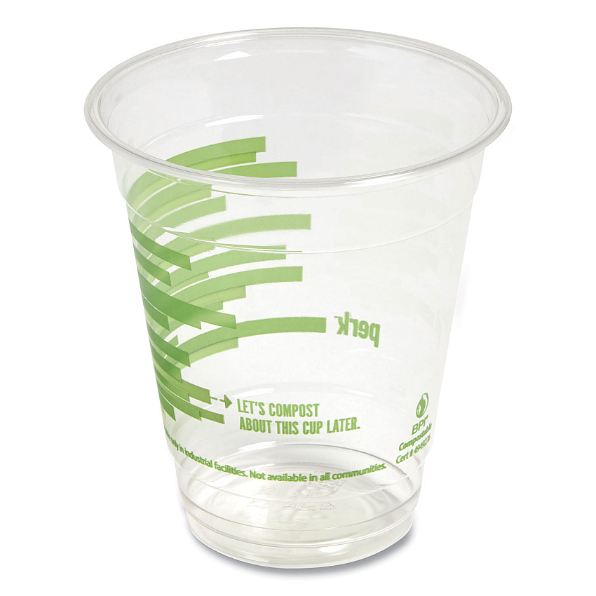 Perk Eco-ID Compostable PLA Corn Plastic Cold Cups, 12 oz, Clear/Green, 50/Pack, 6 Packs/Carton (PRK24394121)