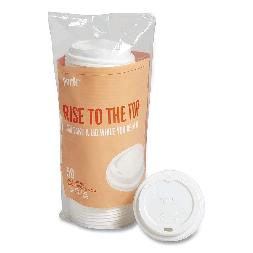 Perk Plastic Hot Cup Lids, Fits 10 oz, 12 oz, 16 oz Cups, White, 50/Pack (PRK24404337)