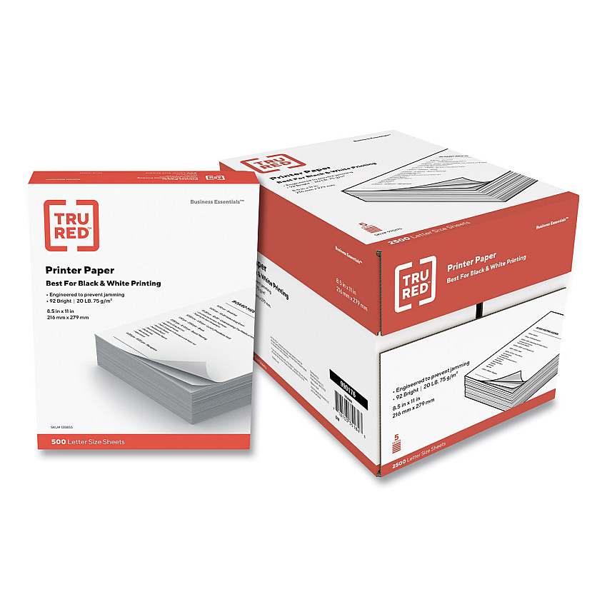 TRU RED Printer Paper, 92 Bright, 20 lb Bond Weight, 8.5 x 11, 500 Sheets/Ream, 5 Reams/Carton (TUD990176)