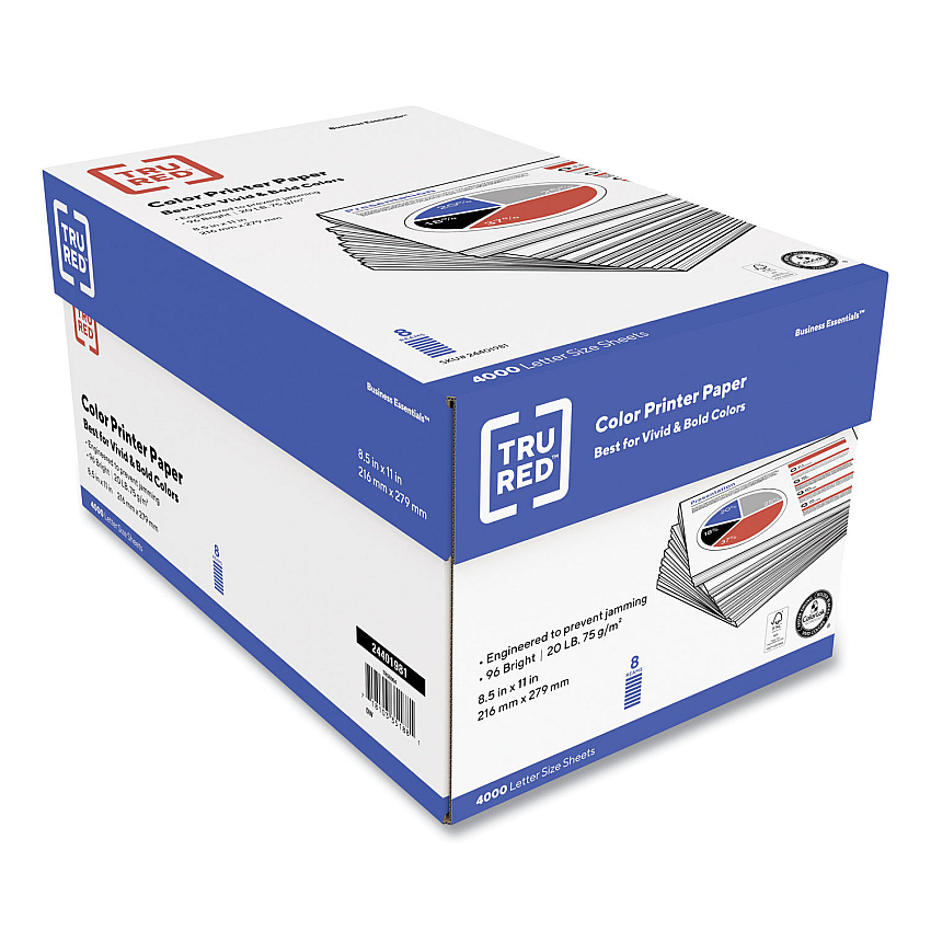 TRU RED Color Printer Paper, 96 Bright, 20 lb Bond Weight, 8.5 x 11, 500 Sheets/Ream, 8 Reams/Carton (TUD24401981)