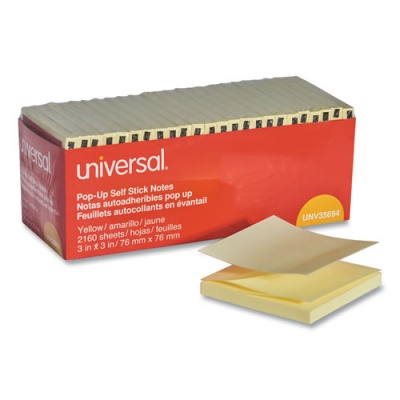 Universal Fan-Folded Self-Stick Pop-Up Note Pads Cabinet Pack, 3" x 3", Yellow, 90 Sheets/Pad, 24 Pads/Pack (35694)