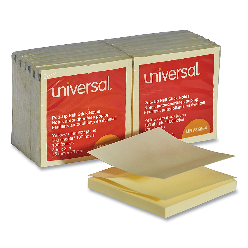 Universal Fan-Folded Self-Stick Pop-Up Note Pads, 3" x 3", Yellow, 100 Sheets/Pad, 12 Pads/Pack (UNV35664)