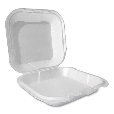 Plastifar Foam Hinged Lid Container, Secure Two Tab Latch, Poly Bag, 8 x 8.56 x 2.76, White, 100/Sleeve, 2 Sleeves/Bag, 1 Bag/Pack (PST12091)