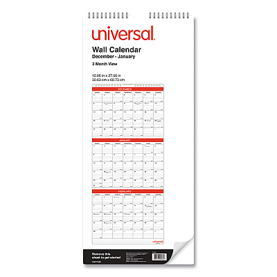 Universal Three-Month Wall Calendar, 12 x 27, White/Red Sheets, 14-Month: Dec 2025 to Jan 2027 (71003)