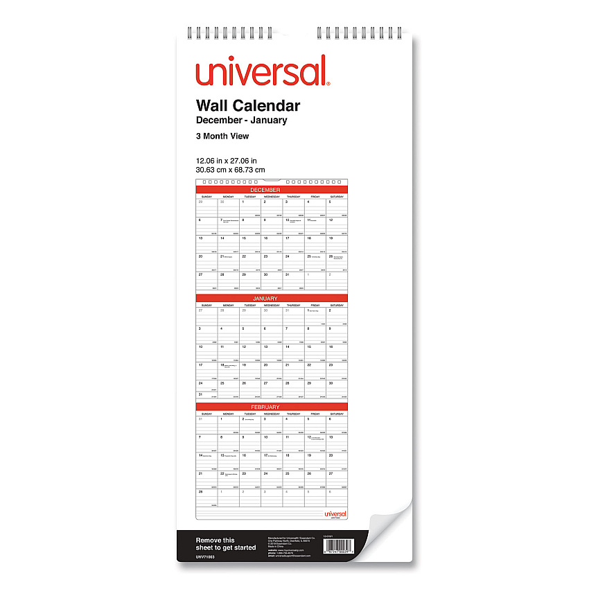 Universal Three-Month Wall Calendar, 12 x 27, White/Red Sheets, 14-Month: Dec 2025 to Jan 2027 (71003)