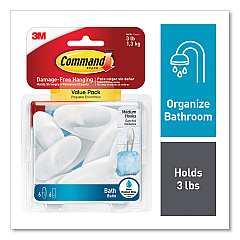 Command Medium Bath Hooks Value Pack, Plastic, White, 3 lb Capacity, 6 Hooks and 6 Strips (MMMBATH186ES)