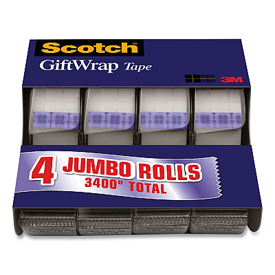 Scotch Gift Wrap Tape with Dispenser, 1" Core, 0.75" x 23.61 yds, Transparent, 4/Pack (MMM415)