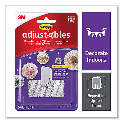 Command Adjustables Repositionable Mini Hooks, Plastic, White, 0.5 lb Capacity, 14 Hooks and 30 Strips (MMM17830CLR14ES)