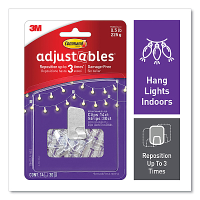 Command Adjustables Repositionable Mini Clips, Plastic, White, 0.5 lb Capacity, 14 Clips and 30 Strips (MMM17840CLR14ES)
