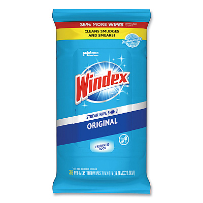 Windex Glass and Surface Wet Wipe, Cloth, 7 x 8, Unscented, White, 38/Pack (SJN319251EA)