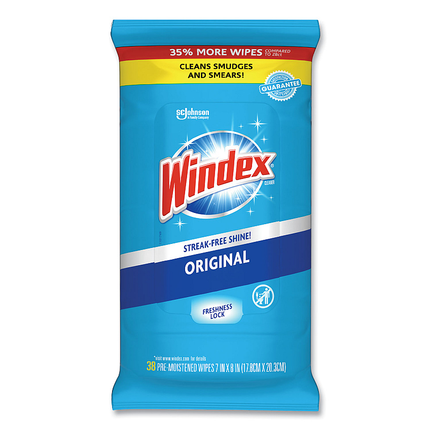 Windex Glass and Surface Wet Wipe, Cloth, 7 x 8, Unscented, White, 38/Pack (SJN319251EA)