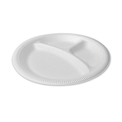 Plastifar Foam Dinnerware, 3-Compartment Plate, 9" dia, White, 125/Sleeve, 4 Sleeves/Bag, 1 Bag/Pack (PST12201)