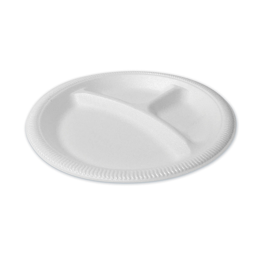 Plastifar Foam Dinnerware, 3-Compartment Plate, 9" dia, White, 125/Sleeve, 4 Sleeves/Bag, 1 Bag/Pack (PST12201)